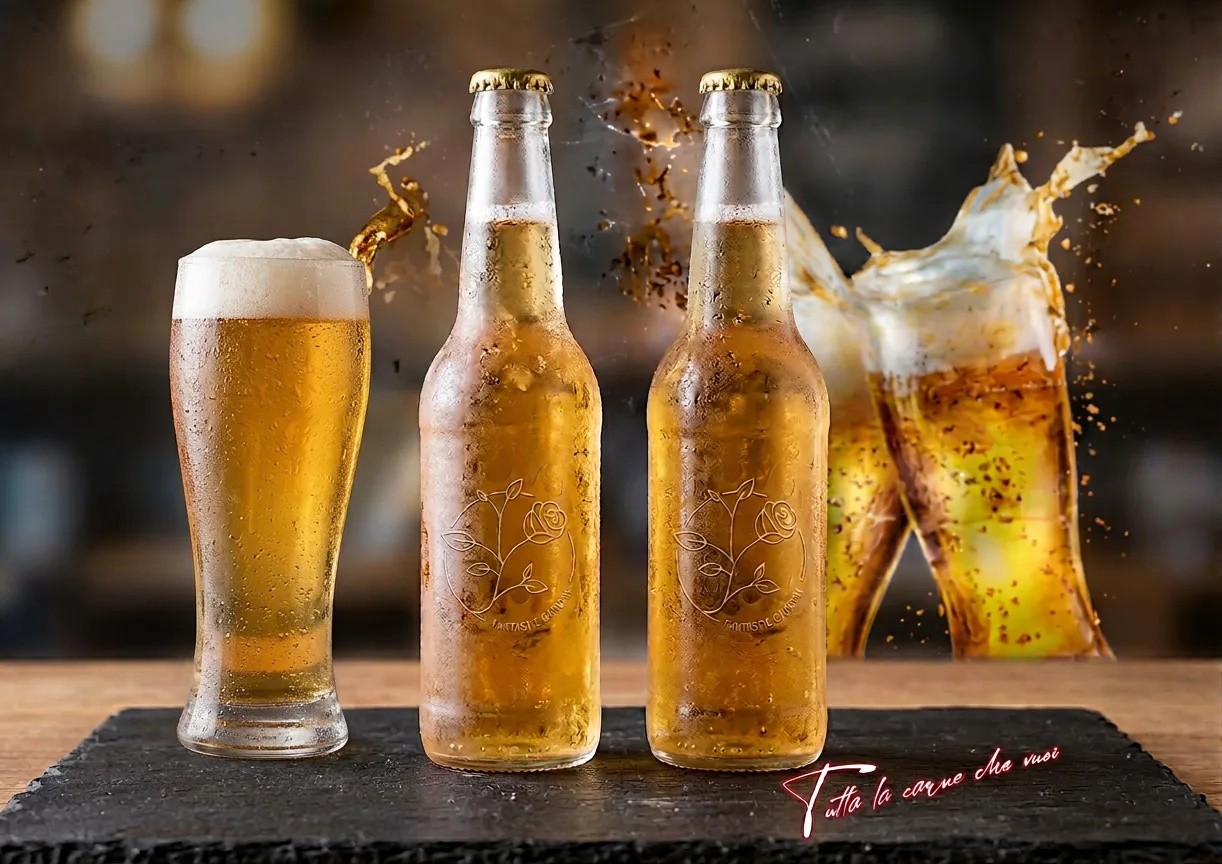 手工啤酒瓶与酒杯，伴随飞溅的啤酒——All You Can Steak 的生啤与瓶装啤酒精选，塞斯托菲奥伦蒂诺